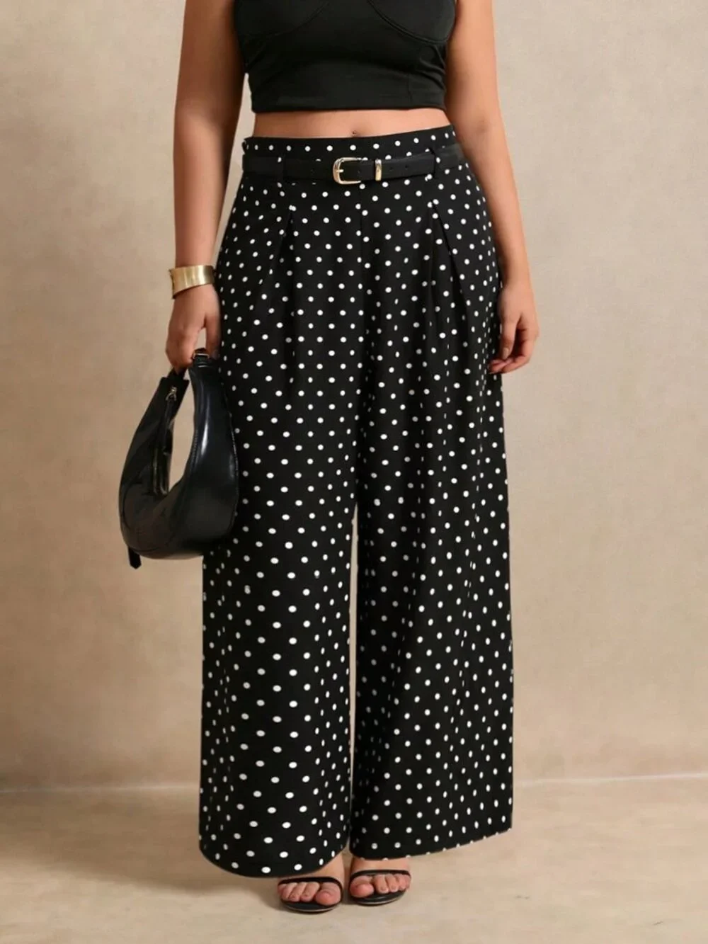 Black And White Elegant Women's Plus Size Polka Dot Wide Leg Pants